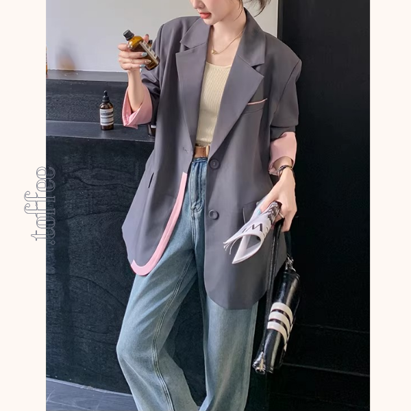 ピンク配色のカラーブロックスーツジャケット《Z01332》