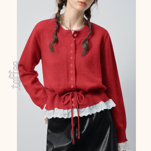 【2color】レース裾と蝶結びが可愛い＊ショートニットカーディガン《Z01189》