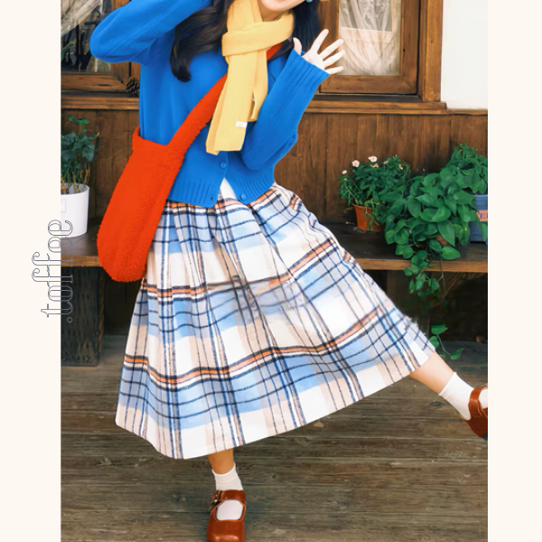 白地レトロチェックの揺れプリーツスカート《Z01206》