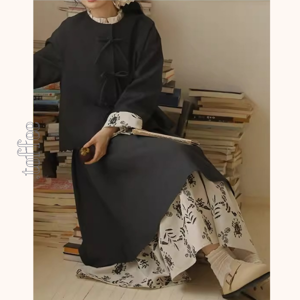 リボン留め×レイヤード風ブラックセットアップ《Z01358》