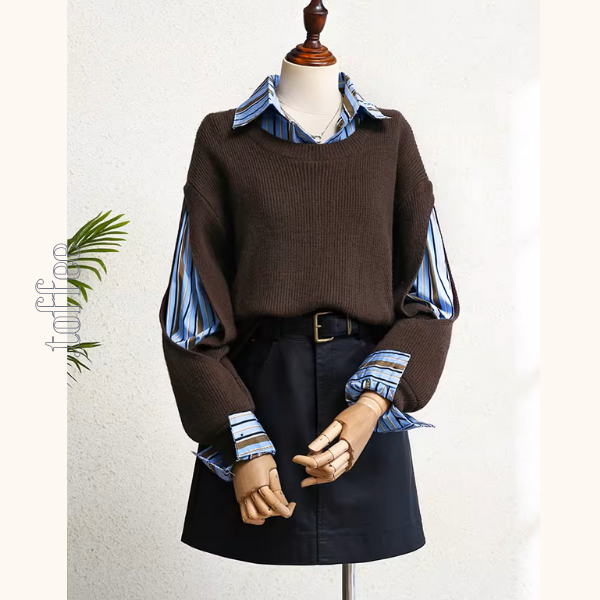 ストライプ覗くレイヤード風カットアウトニット《Z01231》