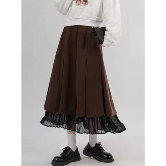 【3color】プリーツドッキングスカート X-014