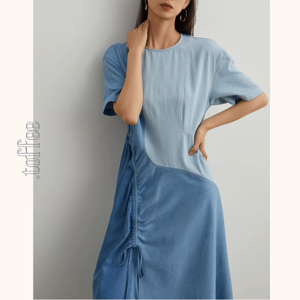 パッチワークアシメトリードローストリングロングワンピース《Z00950》