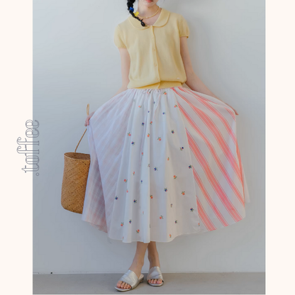 小花とストライプの切替プリーツスカート《Z01075》