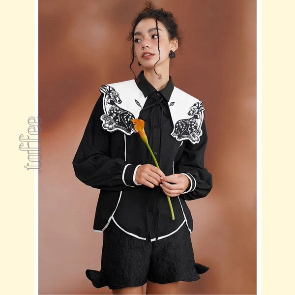 月明かりのバンビが佇む：深い森の中のオリエンタルカウボーイブラウス C0187