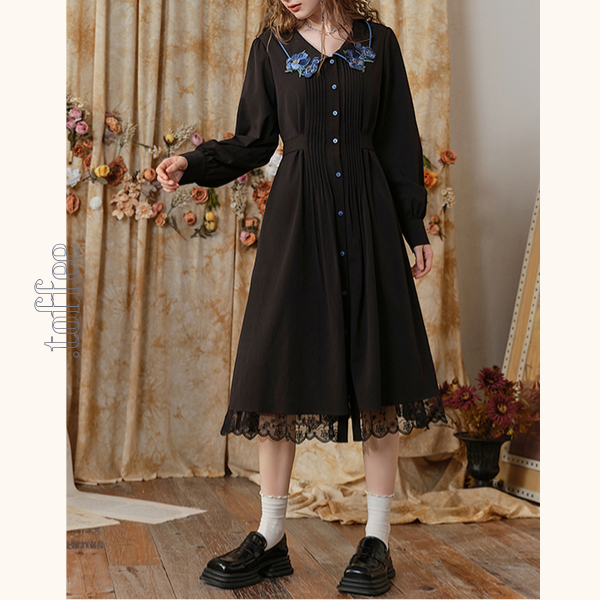 フラワー刺繍レースヘムブラックワンピース　《Z00680》