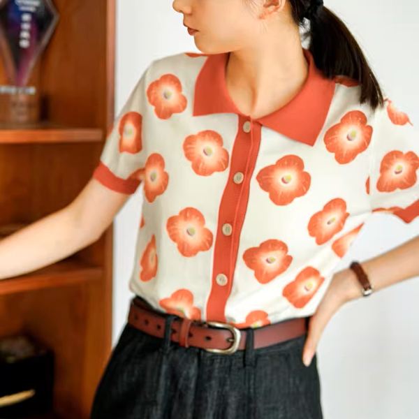 【2color】フラワープリントバイカラーポロシャツ《Z00981》