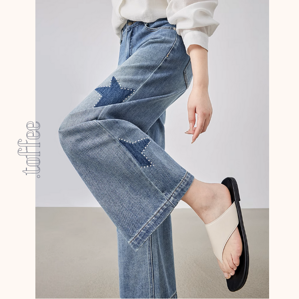 星型アップリケのハイウエストワイドジーンズ《Z00930》