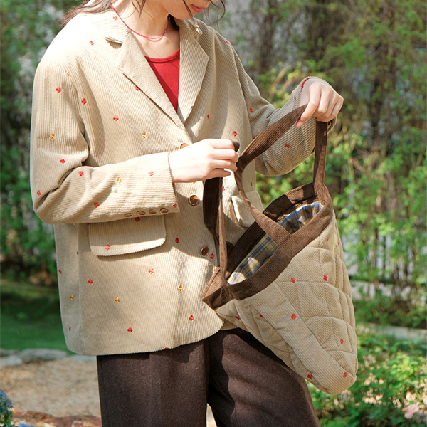 小花刺繍キルティングコーデュロイトートバッグ　《Z00709》