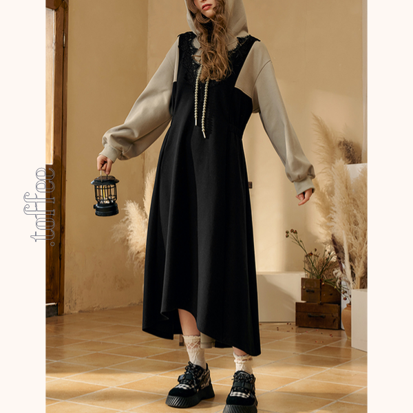 レイヤード風フード付きロングワンピース　Z00532