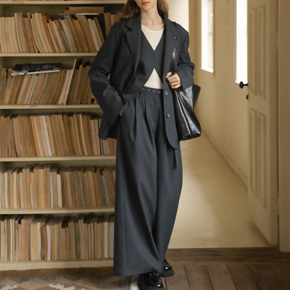 Vネックシングルブレストショートベスト＆ハイウエストワイドスーツパンツセットアップ《Z00889》