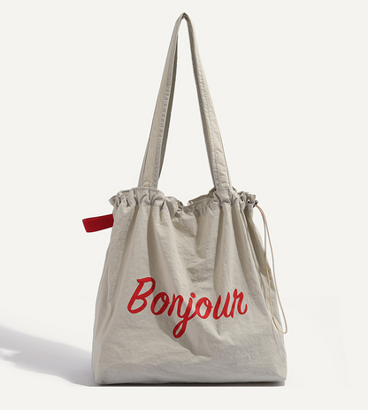 【4color】“Bonjour” レタープリントドローストリングトートバッグ　《Z00802》