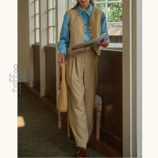 レトロ調シングルブレストベスト＆ハイウエストワイドパンツセットアップ　《Z00815》