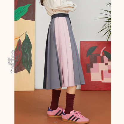 コントラストカラーミモレ丈プリーツスカート　《Z00701》