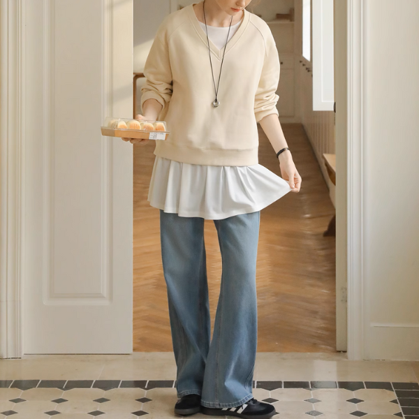 【2color】ラウンドネックペプラムロングトップ《Z00979》