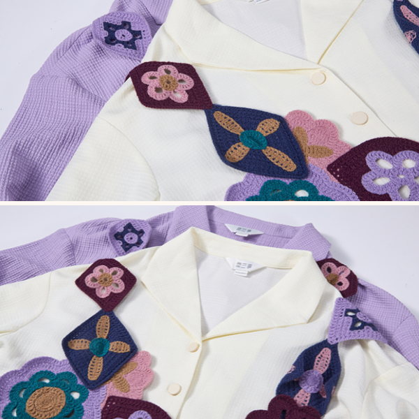 【2color】かぎ編みマルチカラーフラワーモチーフベスト＆レースディテールルーズシャツセットアップ    《Z00654》