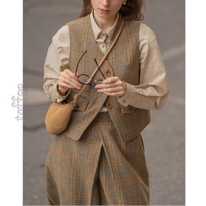 【3color】チェック柄リボン装飾ジレ＆ミモレ丈プリーツスカートセットアップ《Z00858》