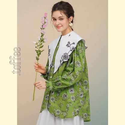 ローズフレンチレトロプリントシャツ: 個性的なエレガンスを纏う 《C0213》