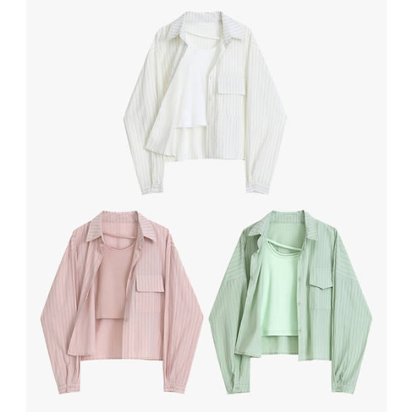 【3color】ピンストライプシャツ+キャミソールセットアップ X-223