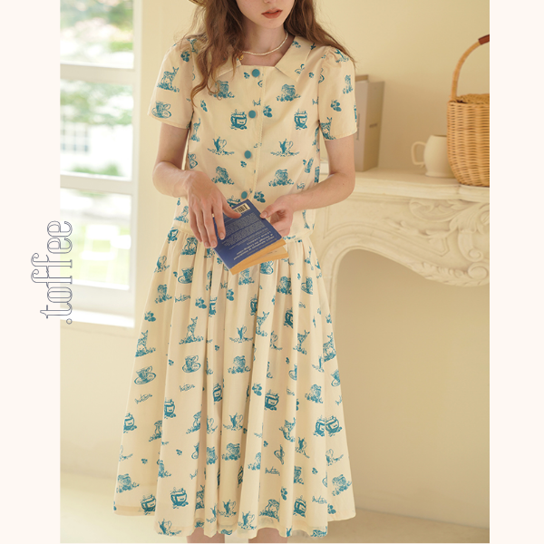 カントリー風アニマルプリント半袖シャツ＆ミドル丈スカートのセットアップ　《Z00751》