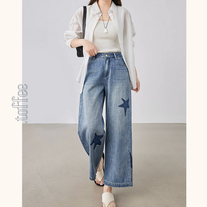 星型アップリケのハイウエストワイドジーンズ《Z00930》