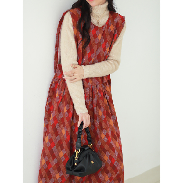 【２color】マルチカラースクエアパターンワンピース w-005