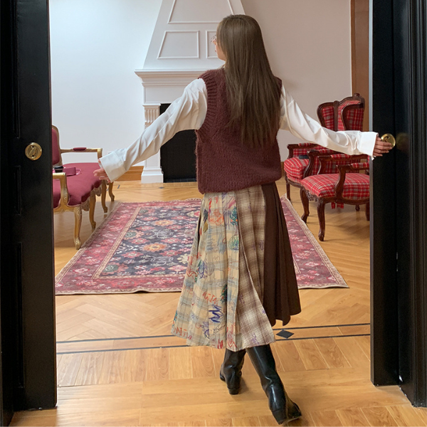 パッチワークプリーツロングスカート Z00106