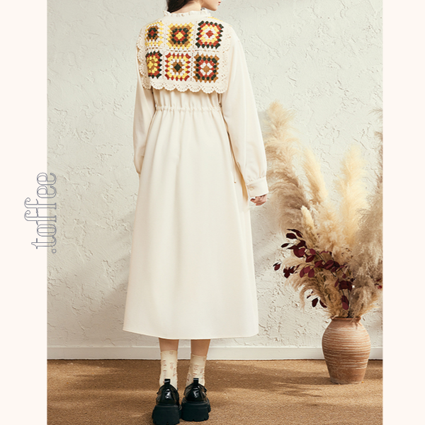 マルチカラーかぎ編みレースタイ付きAラインワンピース　《Z00678》