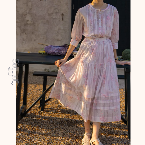 桜ピンクプリーツシャツ＆ミモレ丈ティーアドスカートセットアップ《Z00867》