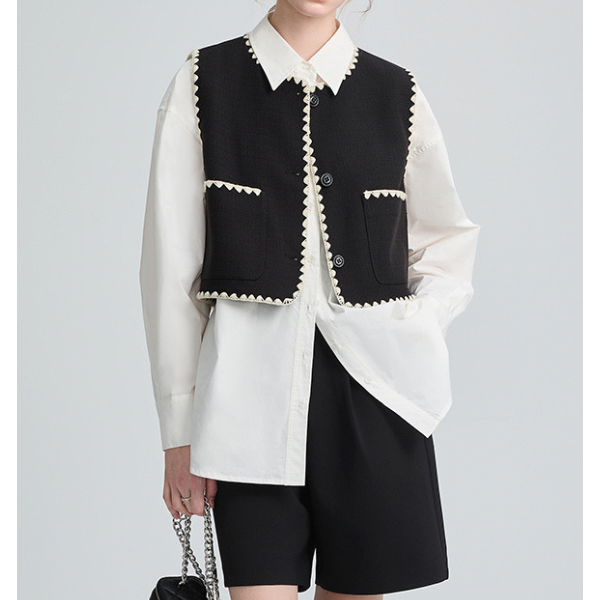 刺繍トリミングのショートベスト X-295