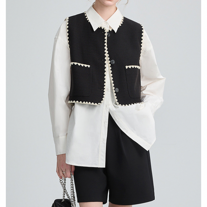 刺繍トリミングのショートベスト X-295