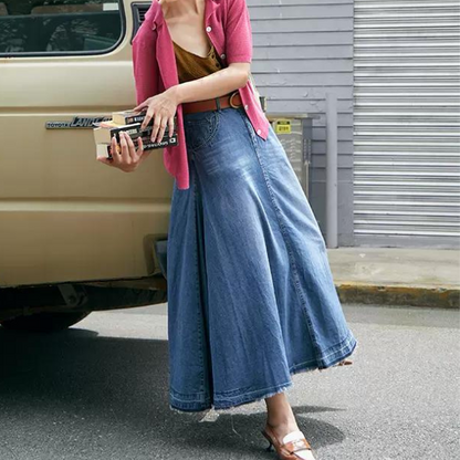 デニムミモレ丈フレアスカート w-012