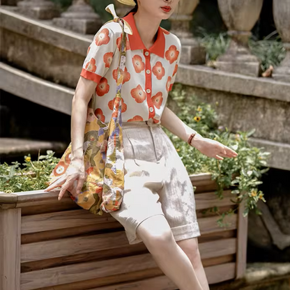 【2color】フラワープリントバイカラーポロシャツ《Z00981》