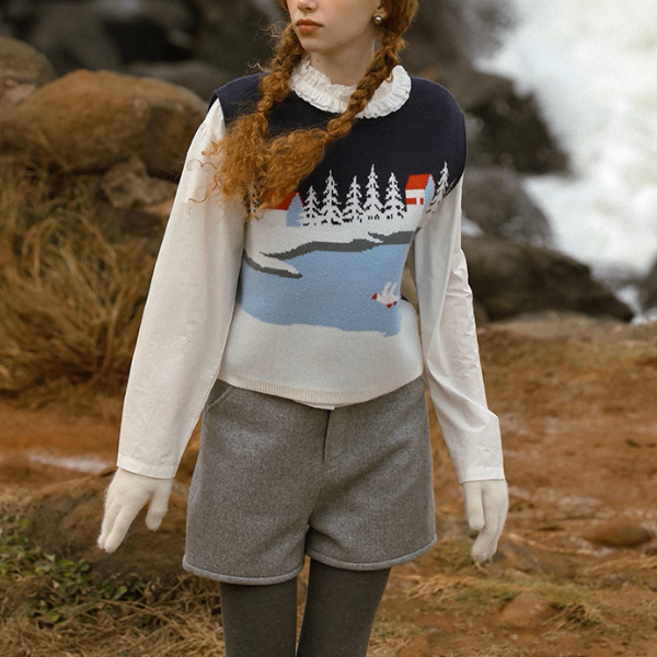 冬景色を描くレトロニットベスト《Z01082》