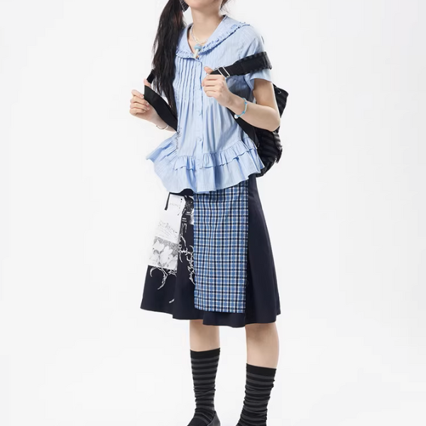 チェック切り替えアートプリントスカート《Z01111》