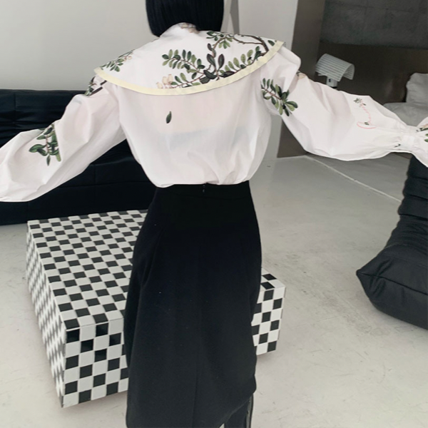 ビッグラペルヴィンテージ風プリントシャツ　AU-043