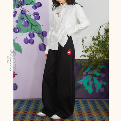 チェリー刺繍重ね着風テーパードパンツ　《Z00699》