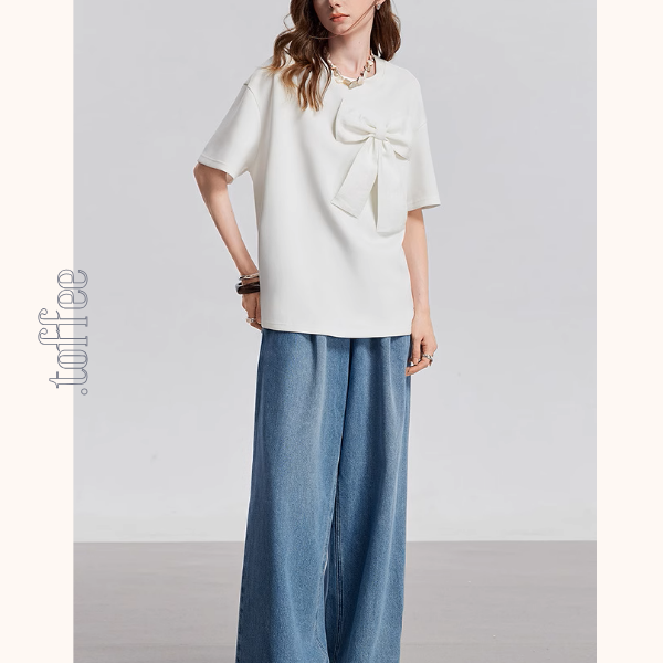 【2color】ビッグリボンクルーネック半袖Tシャツ《Z00933》