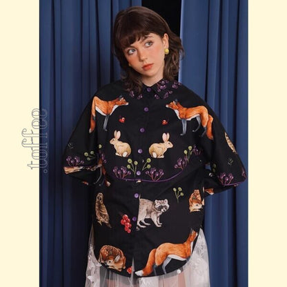 レトロアートが描く、夜の森のパーティーブラウス 《C0210》