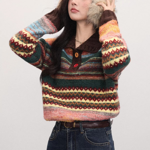 カラフル柄×襟付きのふわもこクロップドニット《Z01376》