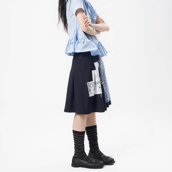 チェック切り替えアートプリントスカート《Z01111》
