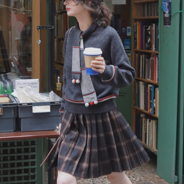 【2color】黄昏の街角のカラーブロックスカーフニット《Z01163》