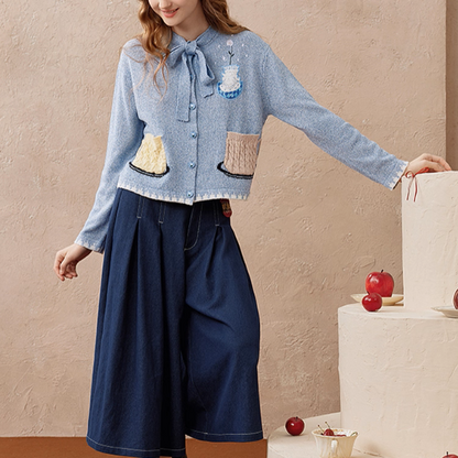 リボンタイ付き刺繍ポケットカーディガン《Z01104》