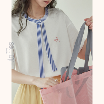 ブルーストライプタイ付きドロップショルダートップ　Z00462