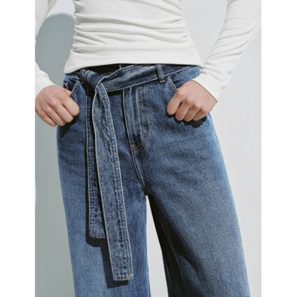 ウエストベルト付きワイドレッグデニムパンツ X-525