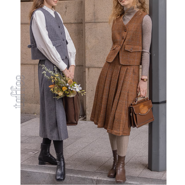 【3color】チェック柄リボン装飾ジレ＆ミモレ丈プリーツスカートセットアップ《Z00858》