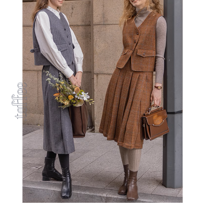 【3color】チェック柄リボン装飾ジレ＆ミモレ丈プリーツスカートセットアップ《Z00858》