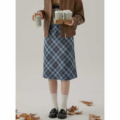 タータンチェックハイウエストミドル丈スカート X-440