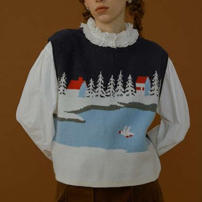 冬景色を描くレトロニットベスト《Z01082》