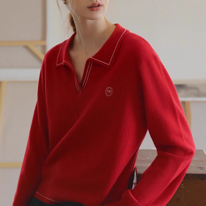 【2color】レトロ配色ポロカラーニットプルオーバー《Z01115》